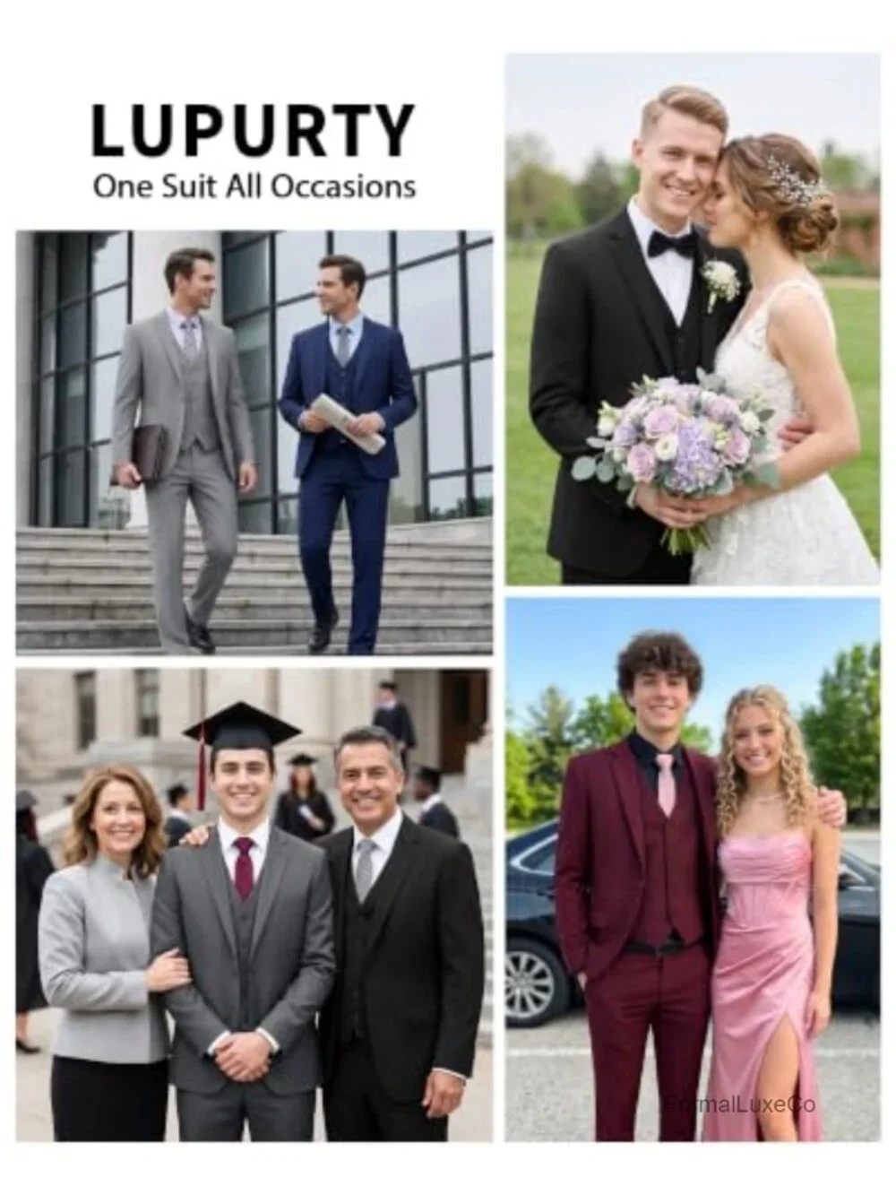 Men's 3 Piece Slim Fit Tuxedo Suit Set with Vest & Tie, Wedding Prom Business